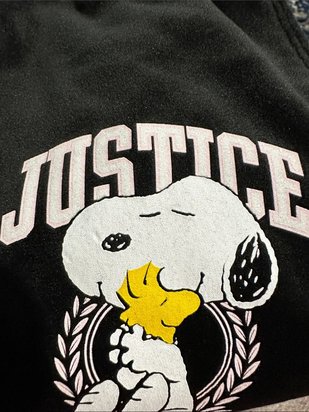 Justice Black Snoopy Velour Joggers with Yellow Accent